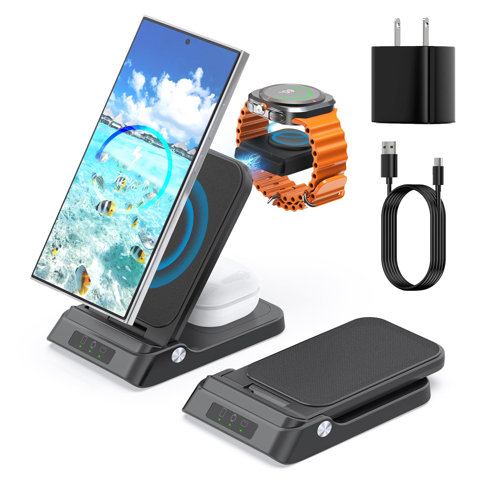 Photo 1 of Wireless Charger for Samsung, RAUGEE Foldable 3 in 1 Fast Wireless Charging Station for Samsung Galaxy S25 Ultra/S24/24 Ultra/S23 Ultra/S23+/S22/Z Fold/Flip Stand for Galaxy Watch Ultra/7/6/5/4/3