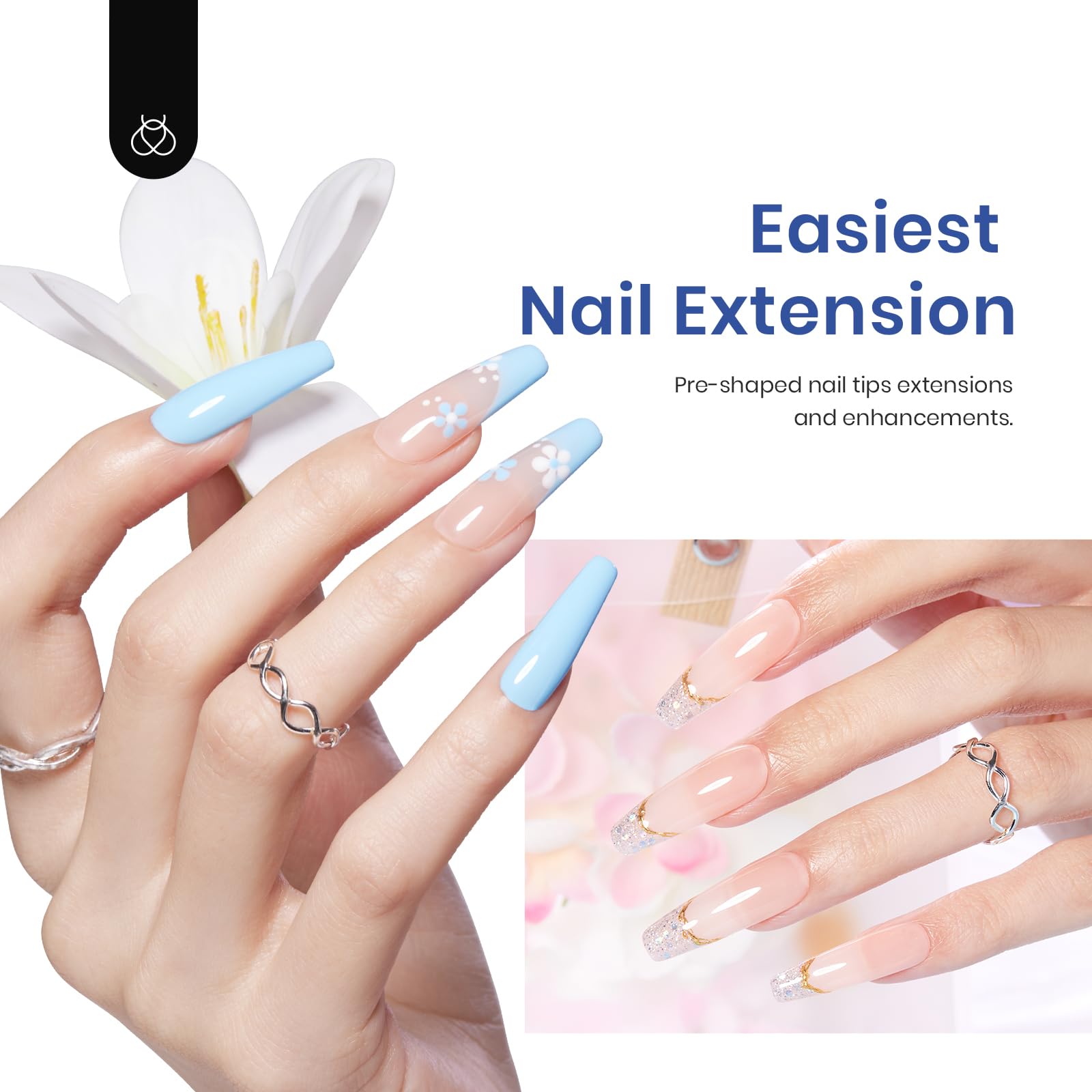 Beetles Gel Nail Kit Easy Nail Extension Set 240 PCS Pre-Shaped Long Coffin Soft Gel Nail Tips with 5-in-1 Nail Glue Base Coat & LED Nail Lamp Acrylic Nails for Nail Art & DIY Home Manicure