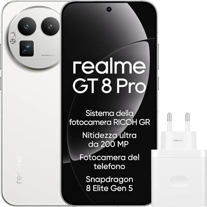 GT 8 Pro Smartphone 12GB+256GB, Sistema della fotocamera RICOH GR, Nitidezza ultra da 200 MP Fotocamera del telefono, Snapdragon 8 Elite Gen 5, Batteria da 7.000 mAh, Bianco(con adattatore)