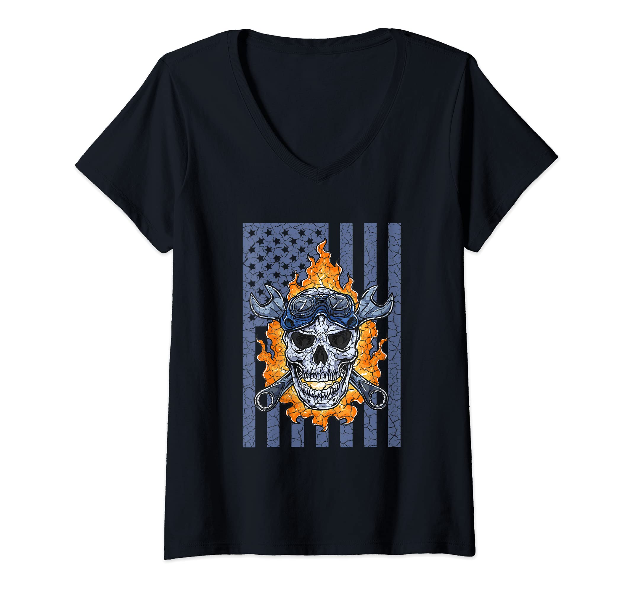 Womens Mechanic Handyman Fire Skull American Flag Tools Wrench V-Neck T-Shirt