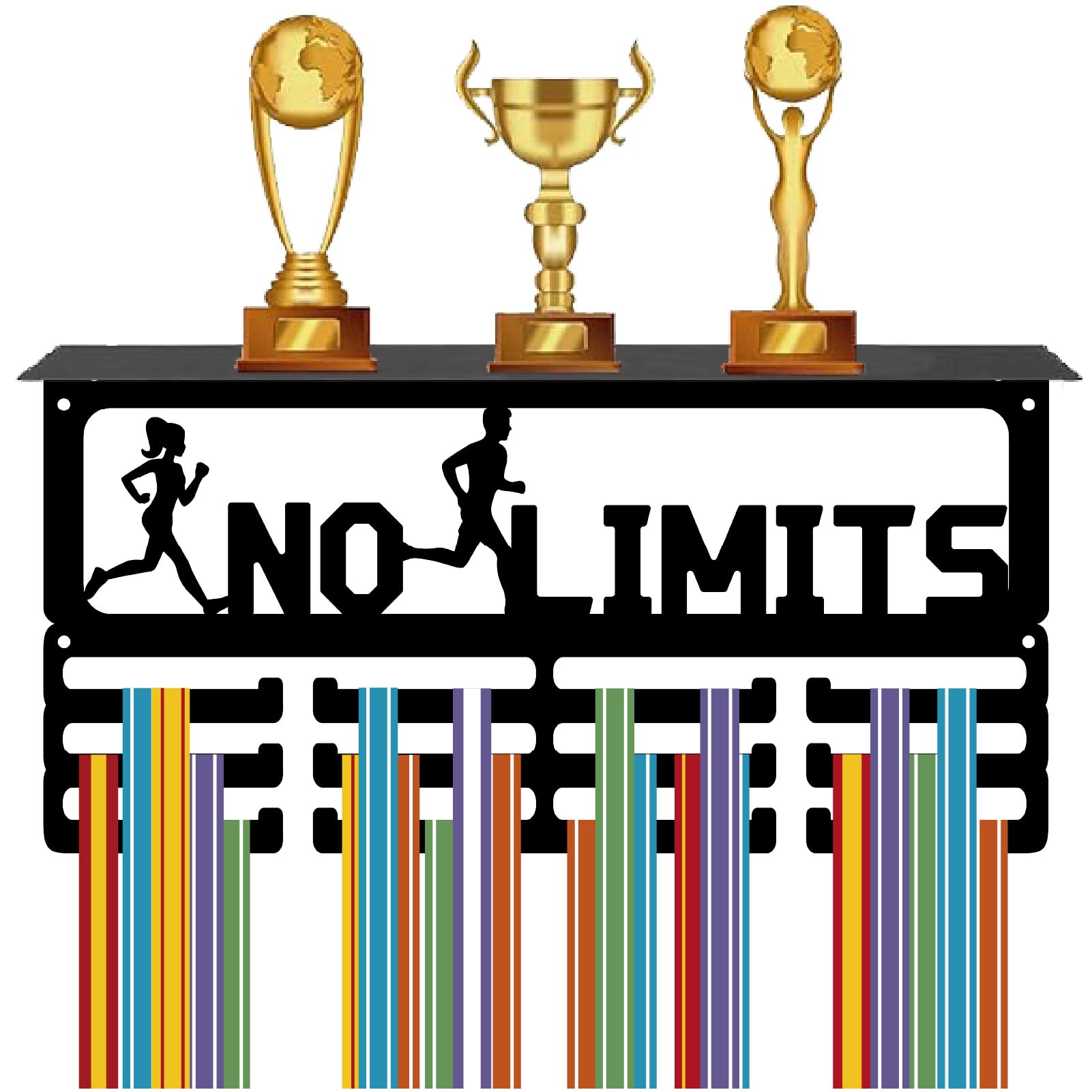 CREATCABIN Run Medal Trophy Display Shelf Medal Hanger Display Shelf with 12 Hooks Stand Sports Wall Mount Hold 70+ Medals Holder Hanger Organizer Rack for Running Awards 15.7x8x4Inch-No Limits