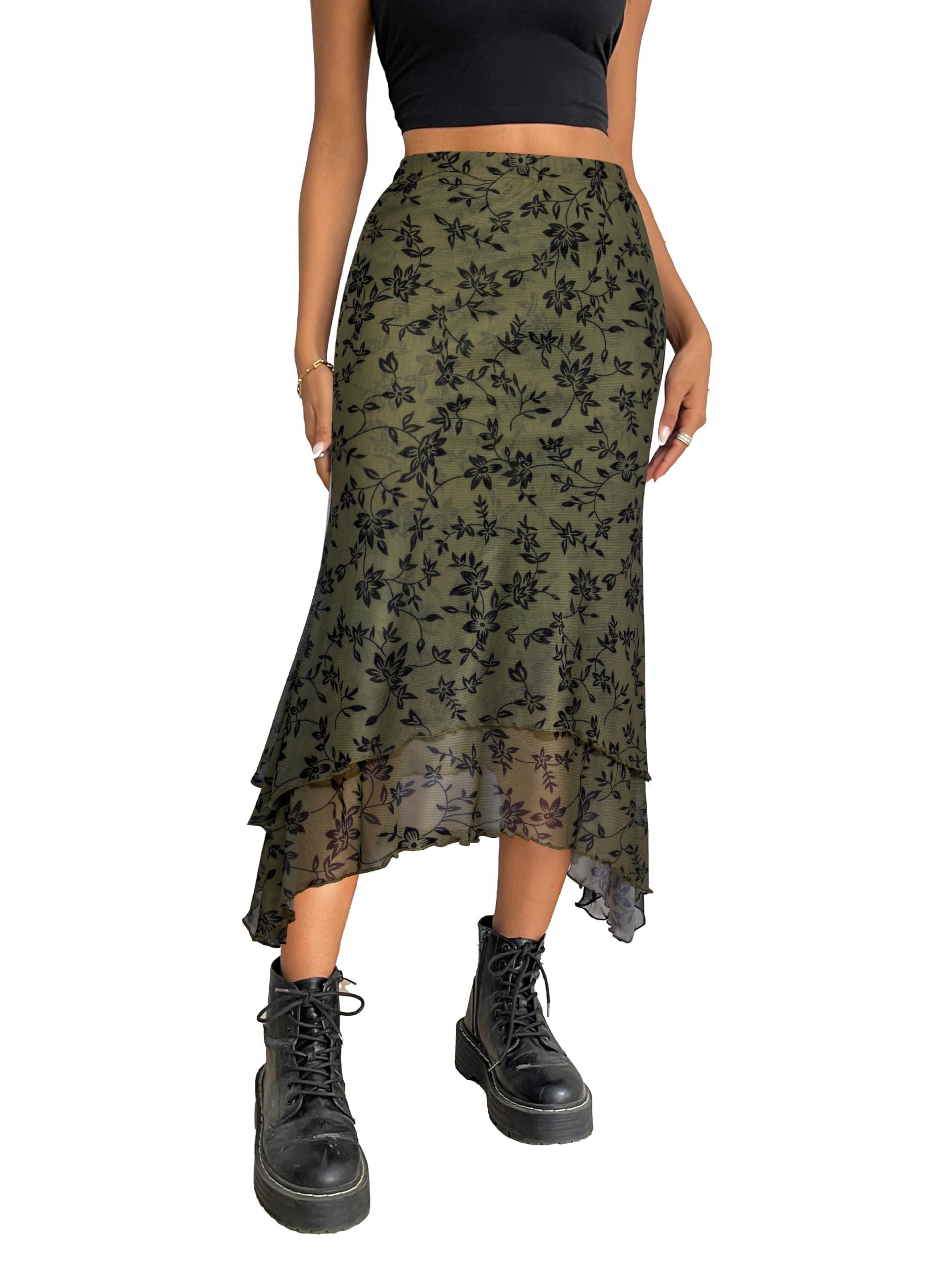 Photo 1 of Avanova Women High Waist Fishtail Long Skirt Floral Mesh Asymmetrical Mermaid Midi Skirt Green Flower X-Large