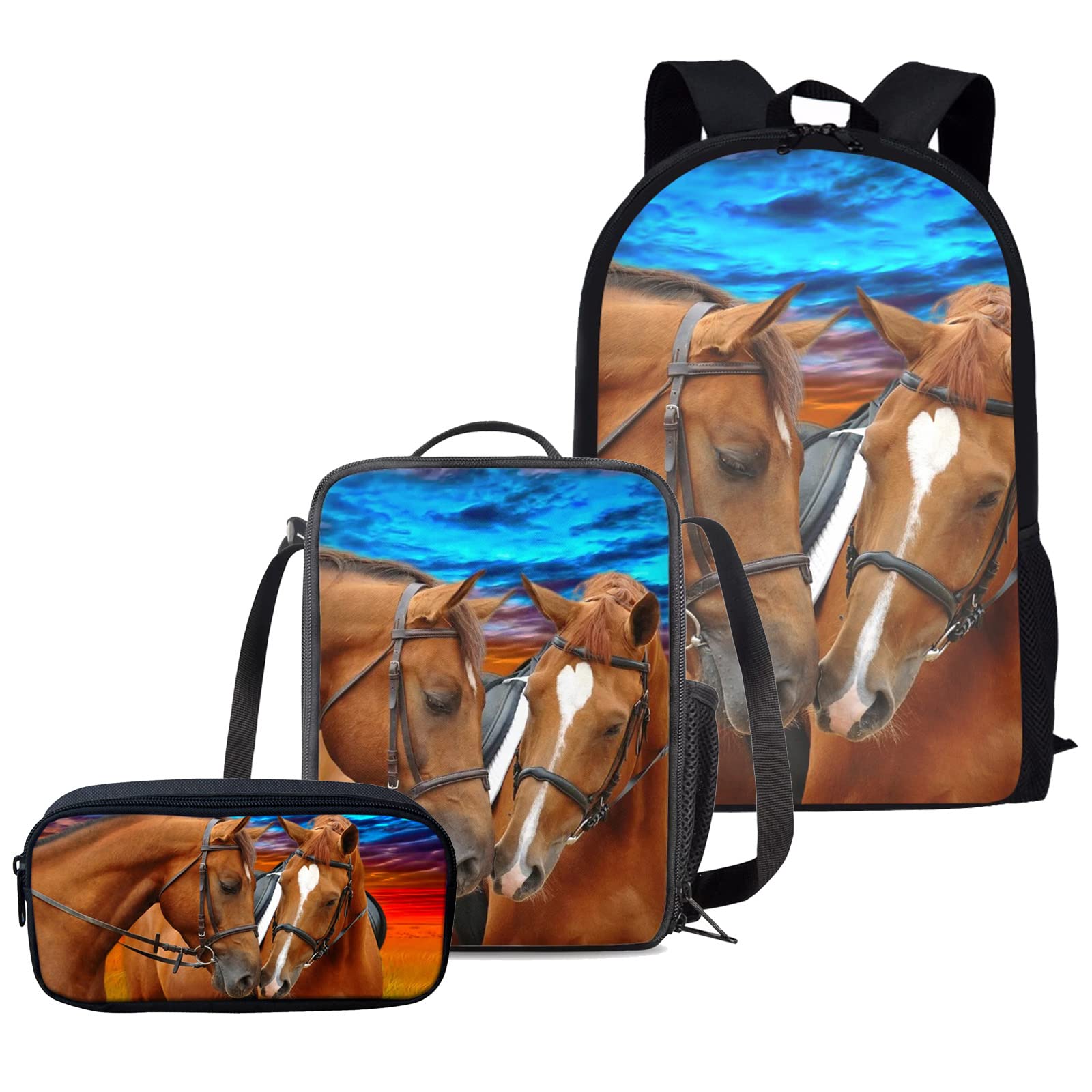 chaqlin Animal Horse Prints Teens School Backpack Set Kids Girls Bookbag with Lunch Bag and Pencil Case 3 Piece