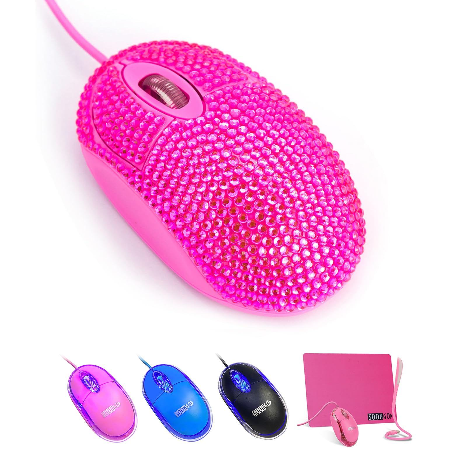 SOONGO USB Optical Wired Mini Computer Mouse for Latpot Mice with Pink Crystal Bling Rhinestone Funny Personalised Gift for Kids and Teen Girl Birthday Gift by