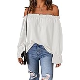 Spriolim Women's Off Shoulder Top Ruffle Long Sleeve Chiffon Blouse Casual Loose Shirts
