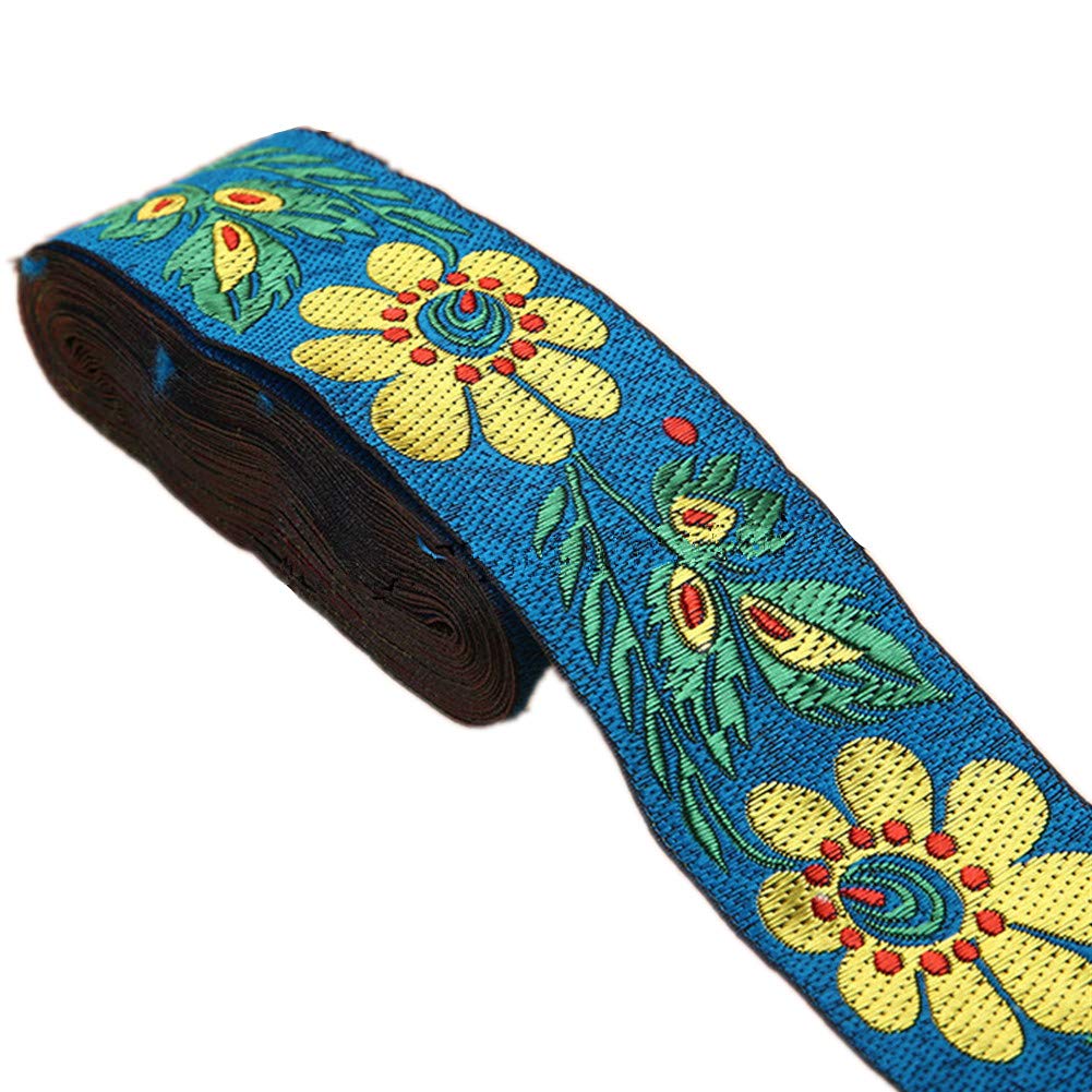 7 Meters Sunflower Jacquard Ribbon Floral Embroidered Woven Trim Vintage Fabric Bias Tape for Home Decor Embellishment Width 5cm (Sky Blue)