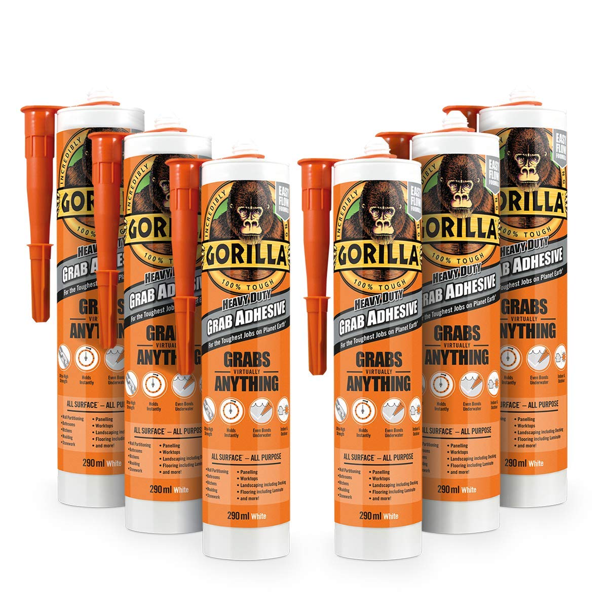 Gorilla 2044003 Heavy Duty Grab Adhesive White 290ml (Pack of 6)