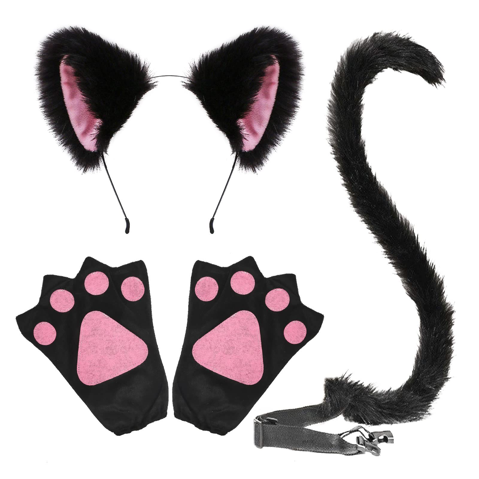 TSHAOUN 4 Pieces Fox Costume Included Black Fox Ears Headband Tail Paw Gloves Animal Costume for Kids Girls Fancy Dress Up Fox Cosplay Children Adult Halloween Costume Stage Show