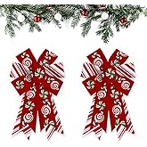 ABTOLS 2PCS Christmas Wreath Bows, Red Pink White Stripe Bows for Wreath Xmas Candy Decor Bow for Front Door Green Tree Topper Bows for Winter New Year Wall Ornaments Home Indoor Outdoor Decor