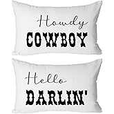 CarOptics Set of 2 Western Funny Couple Pillow Covers 12x20 Inch - 'Howdy Cowboy' & 'Hello Darlin'', Teen Girls Boys Gifts, Rustic Farmhouse Charm for Various Settings(White)