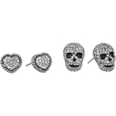 Betsey Johnson CZ Pave Heart &amp; Skull Duo Set of Stud Earrings