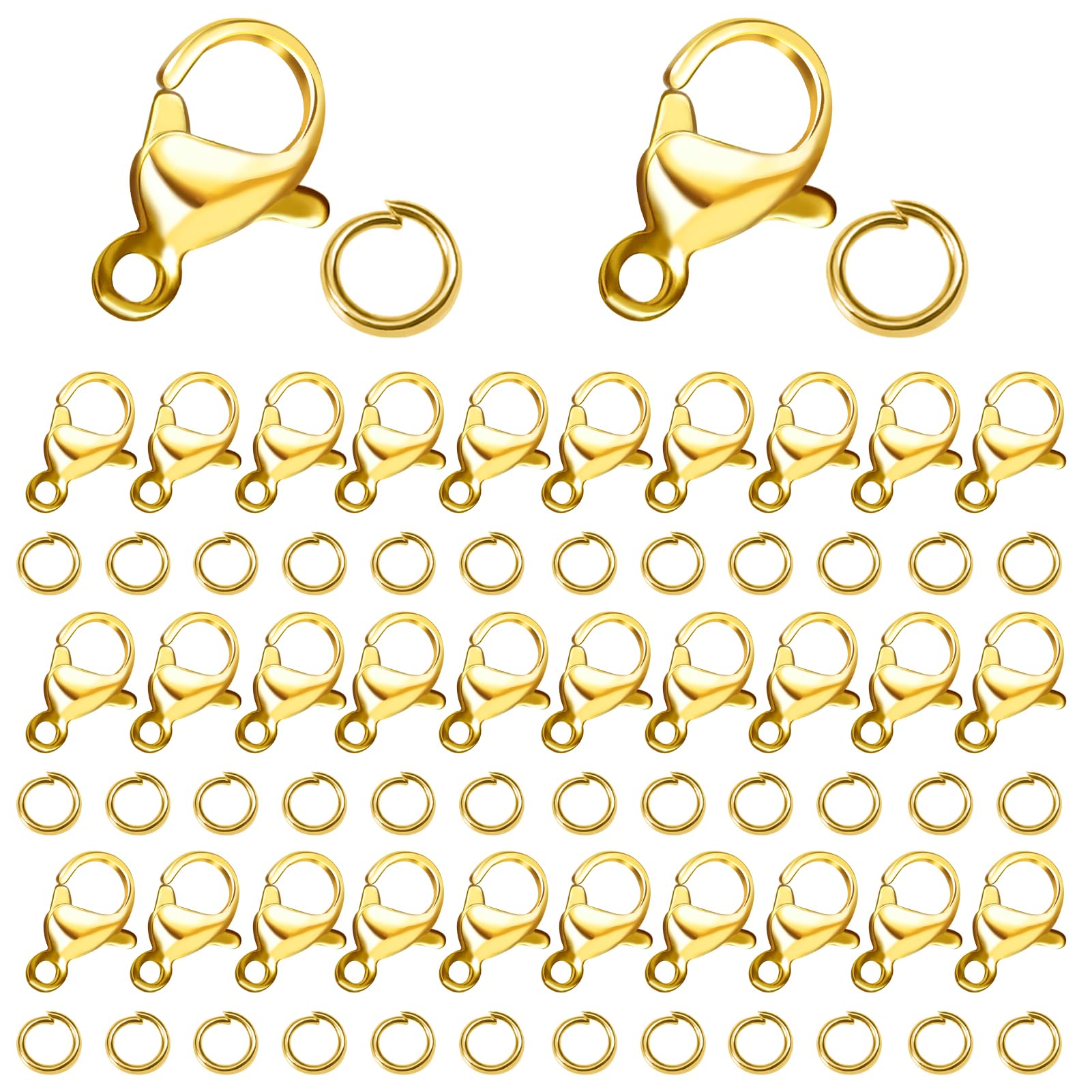 Toaob 200 x Lobster Claw Clasps Gold Clasp 12 x 6 mm and Jump Rings 5 mm Open Metal for Bracelet Clasp Necklace Jewellery Making