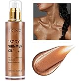 Shimmer Oil 100ml, Moisturizing Long Lasting Body Luminizer Face Brighten, Waterproof Liquid Illuminator Glow, Glitter Oil Highlighter Summer Glowing Makeup (#03 Bronze Gold)
