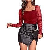 GAMISS Mesh Long Sleeve Top Women Ruched Tops Stretchy Glitter Fitted Tops Shinning Mesh Tops