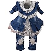 Yao 6M-4Y Infant 3Pcs Baby Girls Clothes Set Toddler Casual Outfits Lace Dress Jacket and Jeans