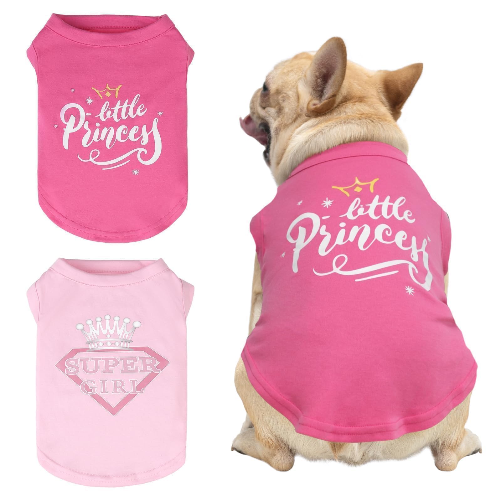 KOOLTAIL Girl Dog Clothes for Small Medium Dogs-2 Pack Summer Dog Vest Shirt with Printing, Soft Breathable Cotton Pet T Shirt Apparel for Frenchi Bulldog,Puppy,Cats, Pink+Rose