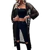 Verdusa Women's 3/4 Sleeve Long Cardigan Lightweight Hollow Out Crochet Knit Open Front Kimono Spring Outfits