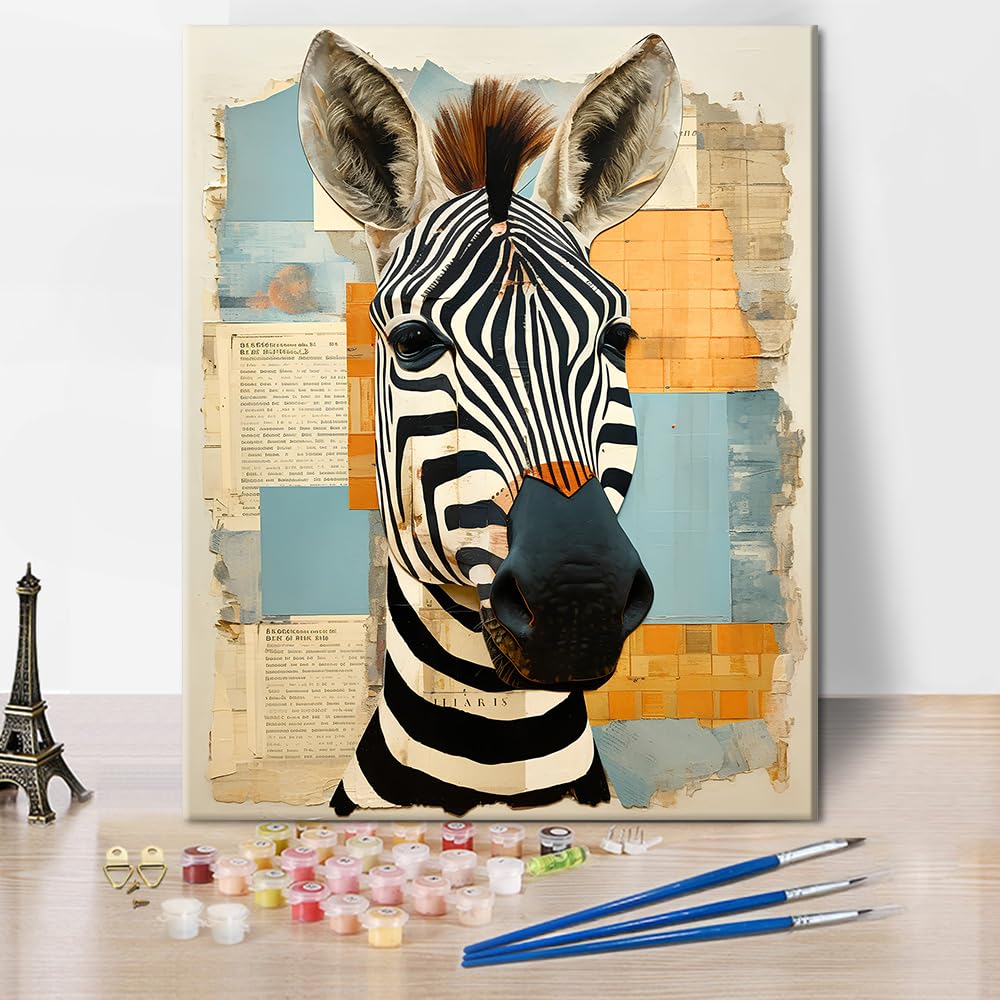 TISHIRON Animal Paint by Numbers Kit for Adults Zebra Portrait on Old Grunge Paper Background Paint by Number with Brushes and Pigment, Art Crafts DIY Oil Painting, 16x20 Inch