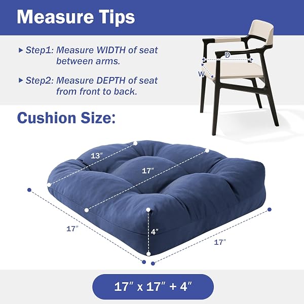 IPYNBAP OUTDOOR CHAIR CUSHIONS SET OF 2, PATIO CHAIR CUSHIONS WITH TIES, 17X17+4” TUFTED OUTDOOR SEAT CUSHIONS, WATERPROOF PATIO FURNITURE CUSHIONS, OUTDOOR DINING CHAIR PADS, NAVY