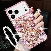 Changjia for iPhone 17 Pro Glitter Bling Case,Cute Luxury 3D Sparkle Crown Crystal Rhinestones Diamond Stunning Stones Pearl with Lanyard Wrist Strap Women Girls Phone Case for iPhone 17 Pro 6.3",Pink
