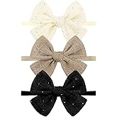 YanJie 3PCS 4’’ Lace Hair Bow for Girls Nylon Baby Headbands Rhinestone Black Beige Off White Bows Hair Accessories for Newborn Infant Toddler Girl
