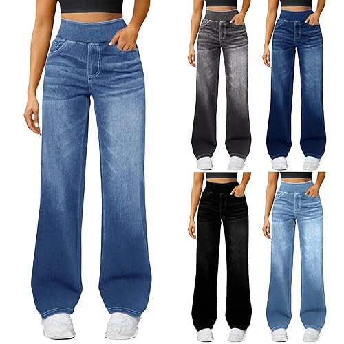 Linen Trousers Womens,Jeans for Women UK Winter Plus Size Wide Leg High Waisted Stretch Denim Trousers Ladies Palazzo Casual Loose Soild Color Pull On Thermal Gym Pants,Ladies Clothes,L 2-Sky Blue