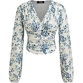 CIDER Floral Print Long Sleeve Crop Top V Neck Blouse Women Fashion