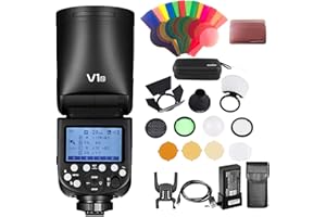 Godox V1-N for Nikon with AK-R1 Accessories Kit, 76Ws 2.4G TTL Round Head Flash Speedlight, 1/8000 HSS Speedlite, 480 Full Power Flashes, 1.5s Recycle Time, 2600mAh Battery, 10 Level Modeling Lamp