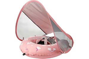 ANJEEIOT Mambobaby Float Self-Inflating Baby Pool Float with Canopy Compressible Pool Swim Float Infant Soft Solid Swimming Trainer with Removable UPF 50+ UV Sun Protection Canopy, Pink