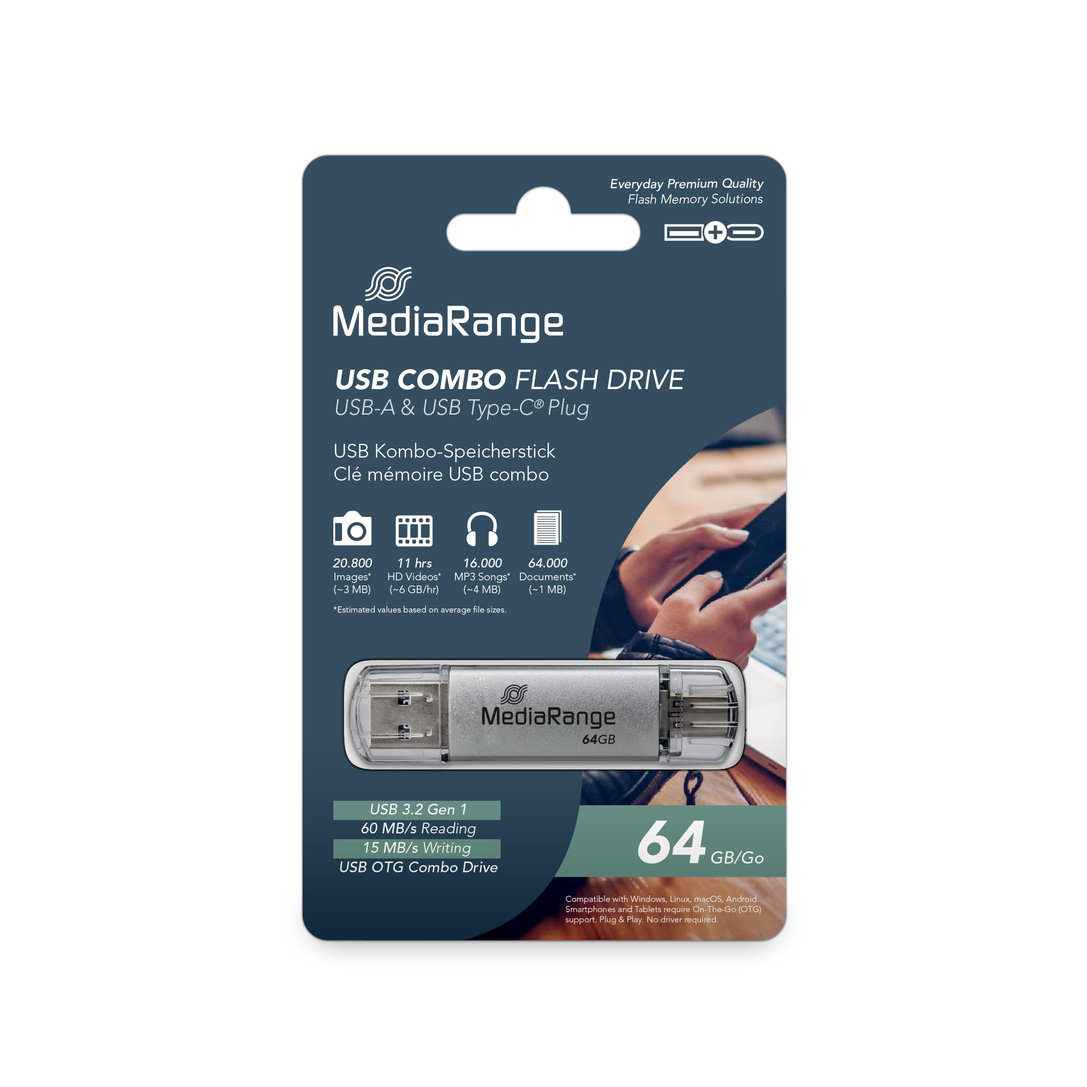 MediaRange MR937 USB Stick 64GB silver Combo Flash Drive USB 3.1 + Type C