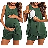 Ekouaer Women Maternity Nursing Pajama Set Breastfeeding Sleepwear Double Layer Sleeveless Top & Shorts Pregnancy PJS