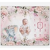 Popfavors Yuzioey Baby Girl Monthly Milestone Blanket, Floral Elephant Month Blanket for Newborn Baby Shower, Pink Elephant Girl Flower Blanket Growth Chart Monthly Blanket, Includes Marker (50x40)