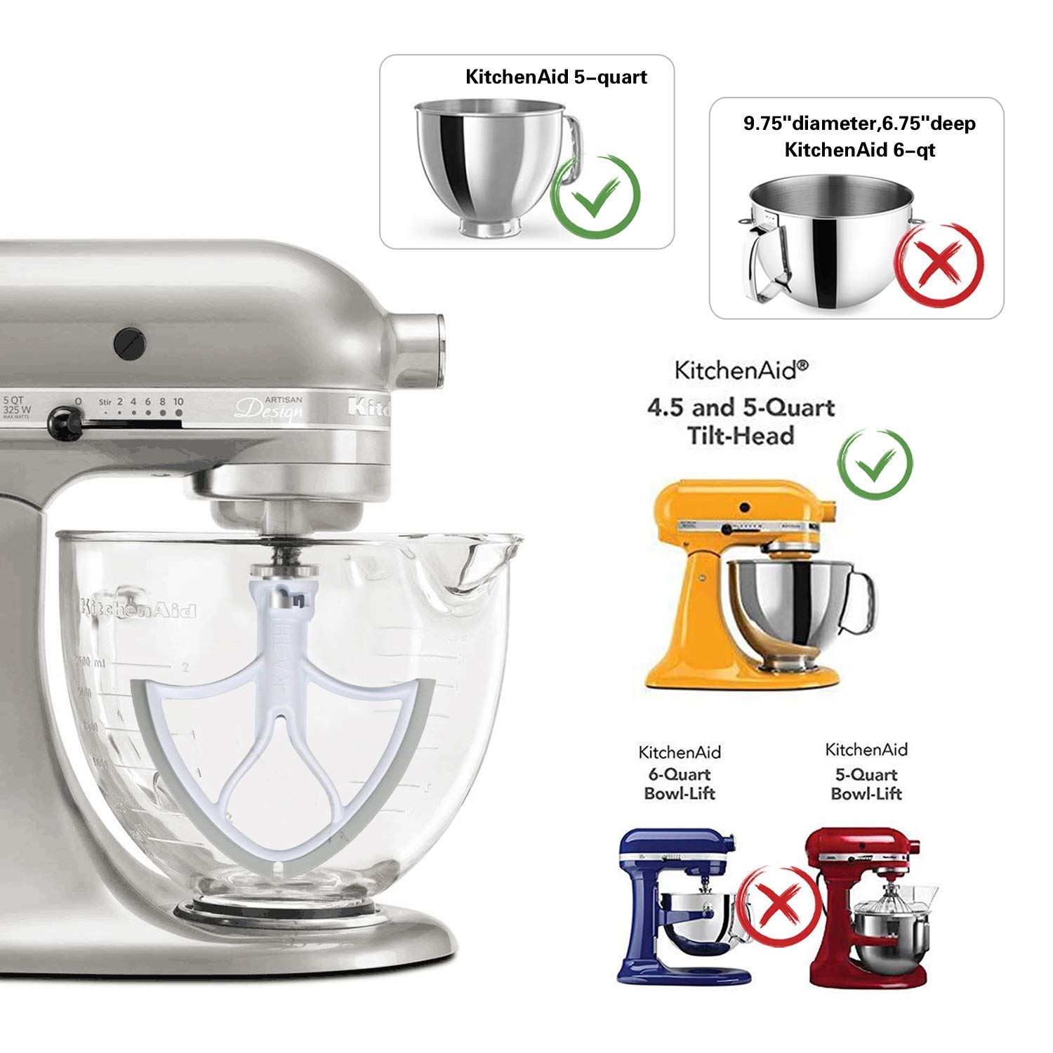 AIZARA Flex Edge Beater for Kitchenaid Mixer 4.5-5 Quart Tilt-Head Stand Mixer Paddle with Scraper,Replacement Kitchenaid Mixer Attachments & Accessory,Grey