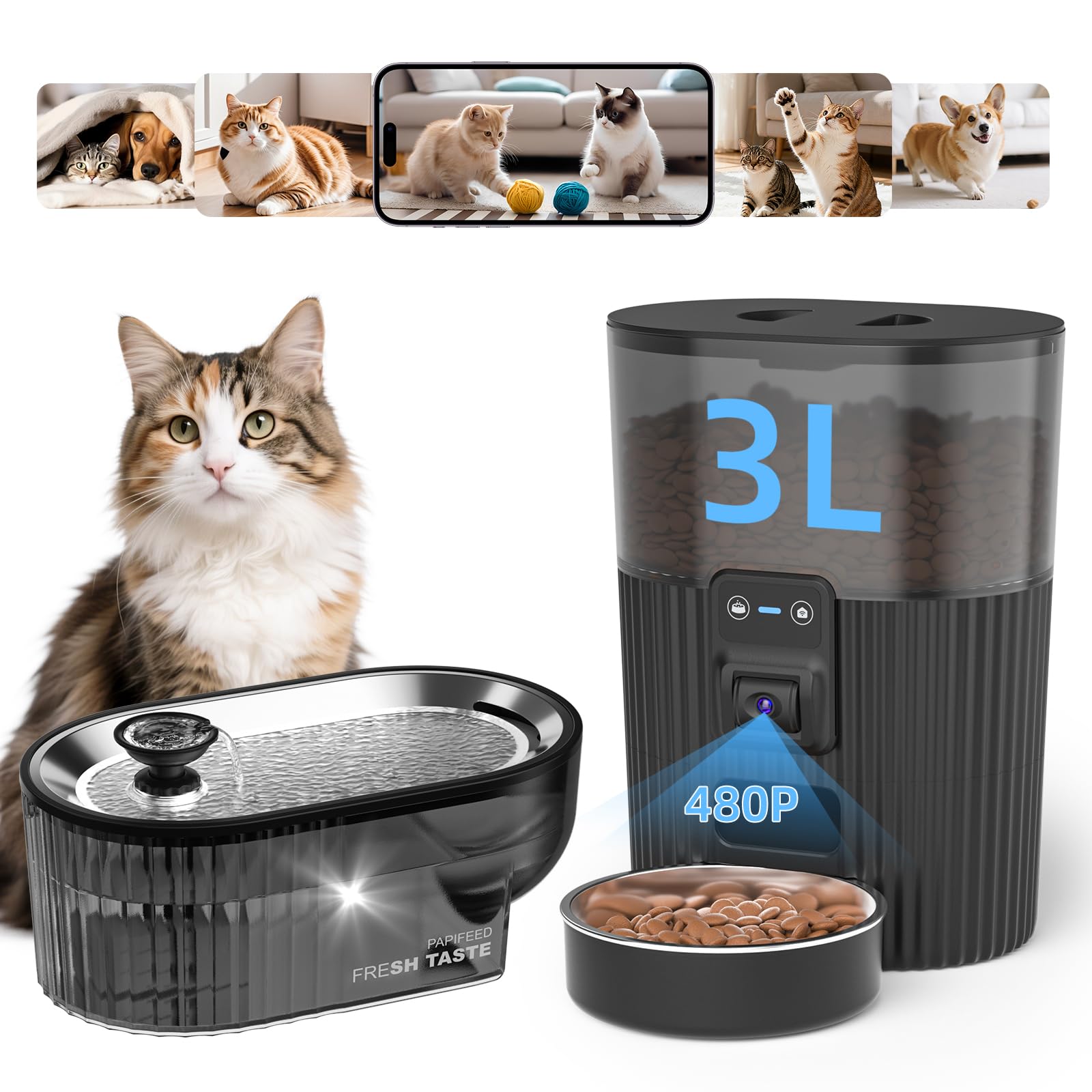 View 1 of PAPIFEED Automatic Cat Feeder with Camera with 84 oz/2.5L Automatic Pet Drinking Fountain??Adjustable Angle 2.4G WiFi/App Pet Food Dispenser?3.5L/15 Cup Timed Dispenser with Two-Way Audio