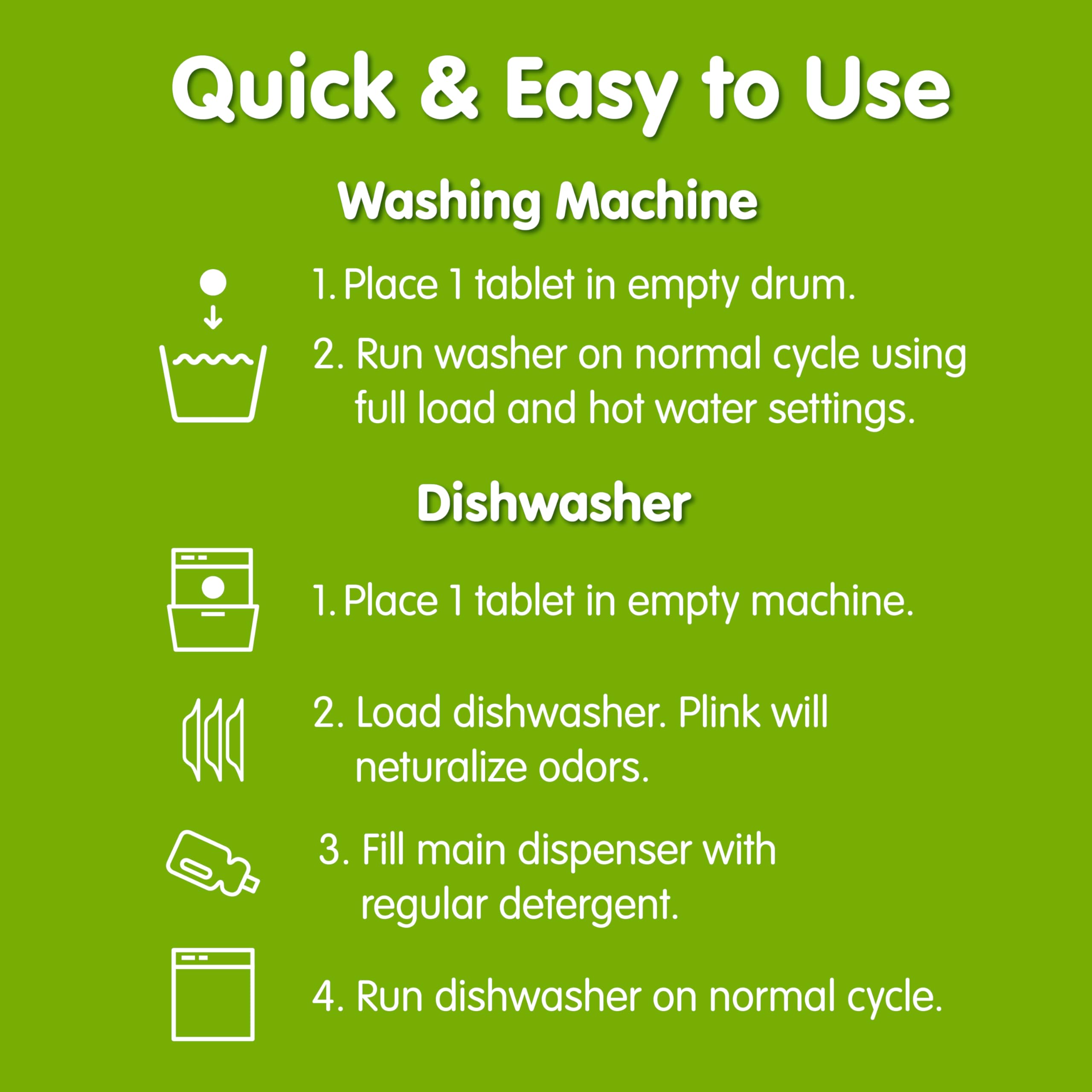Plink Washing Machine and Dishwasher Cleaner and Freshener, Prevents Residue and Removes Odors in Kitchen and Laundry Room Appliances, Septic-Friendly, Made in the USA, Lemon Scent, 12 Tablets