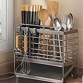 RAKSONIC Utensil Holder,Dish Drainer for Kitchen Counter, 3 Compartments Stainless Steel Utensil Drying Rack, Kitchen Utensils Holder with Towel Bar,Self-Draining Tray Design(Gray)
