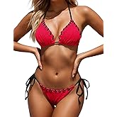 Zojuyozio Women Two Piece Bikini Swimsuit Color Block Bathing Suits Halter Triangle String Bikini Sets