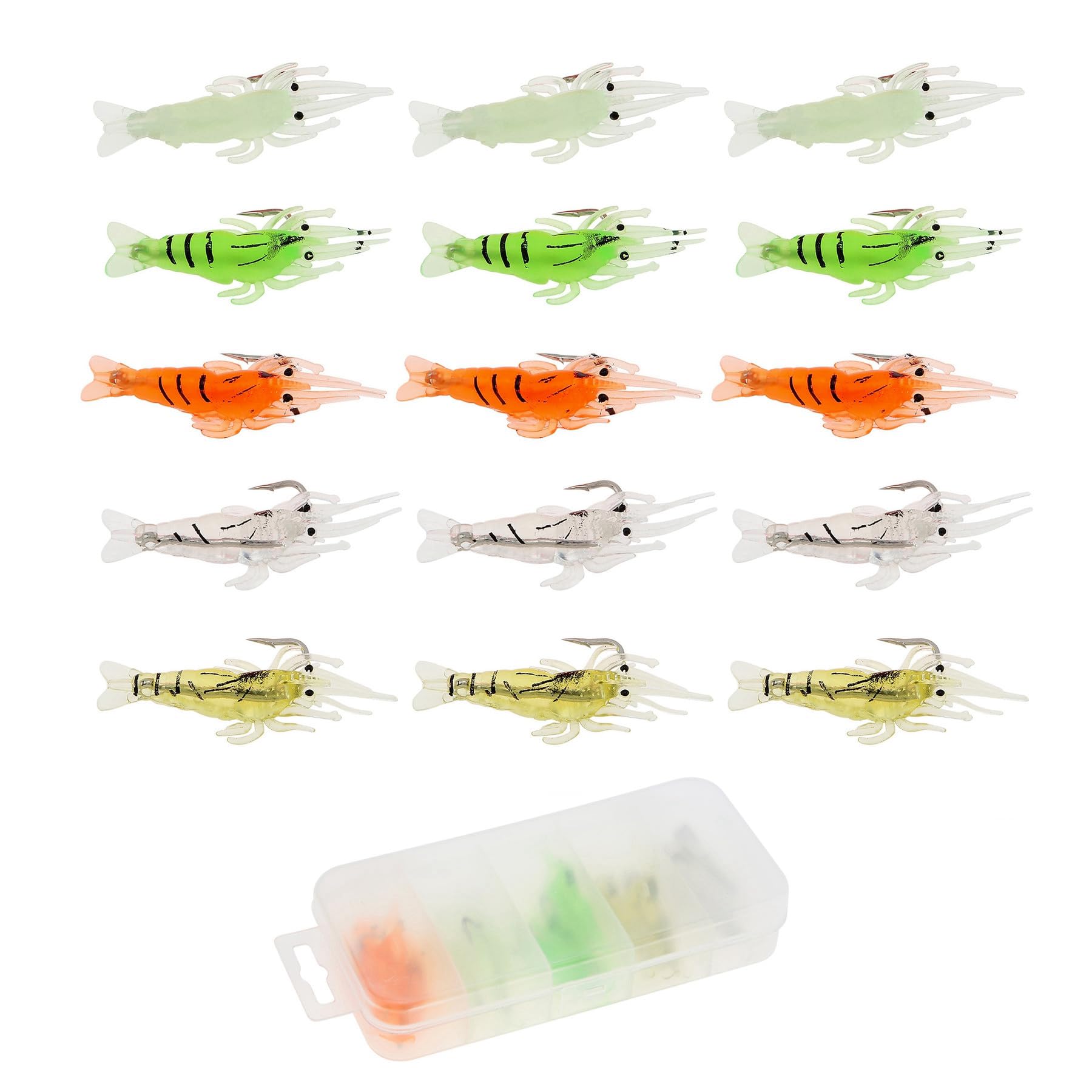 OriGlam 15pcs Soft Plastic Shrimp Lure Set - Artificial Fishing Bait With Hook for Freshwater and Saltwater