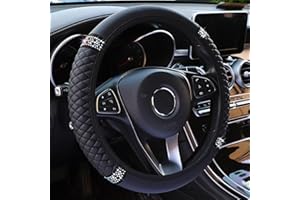 QIANG KUN Bling Leather Steering Wheel Cover, Rhinestones 15 Inch Colorful Auto Steering Wheel Protector, Sparkly Crystal Diamond for Women Girls Most Cars (Black)