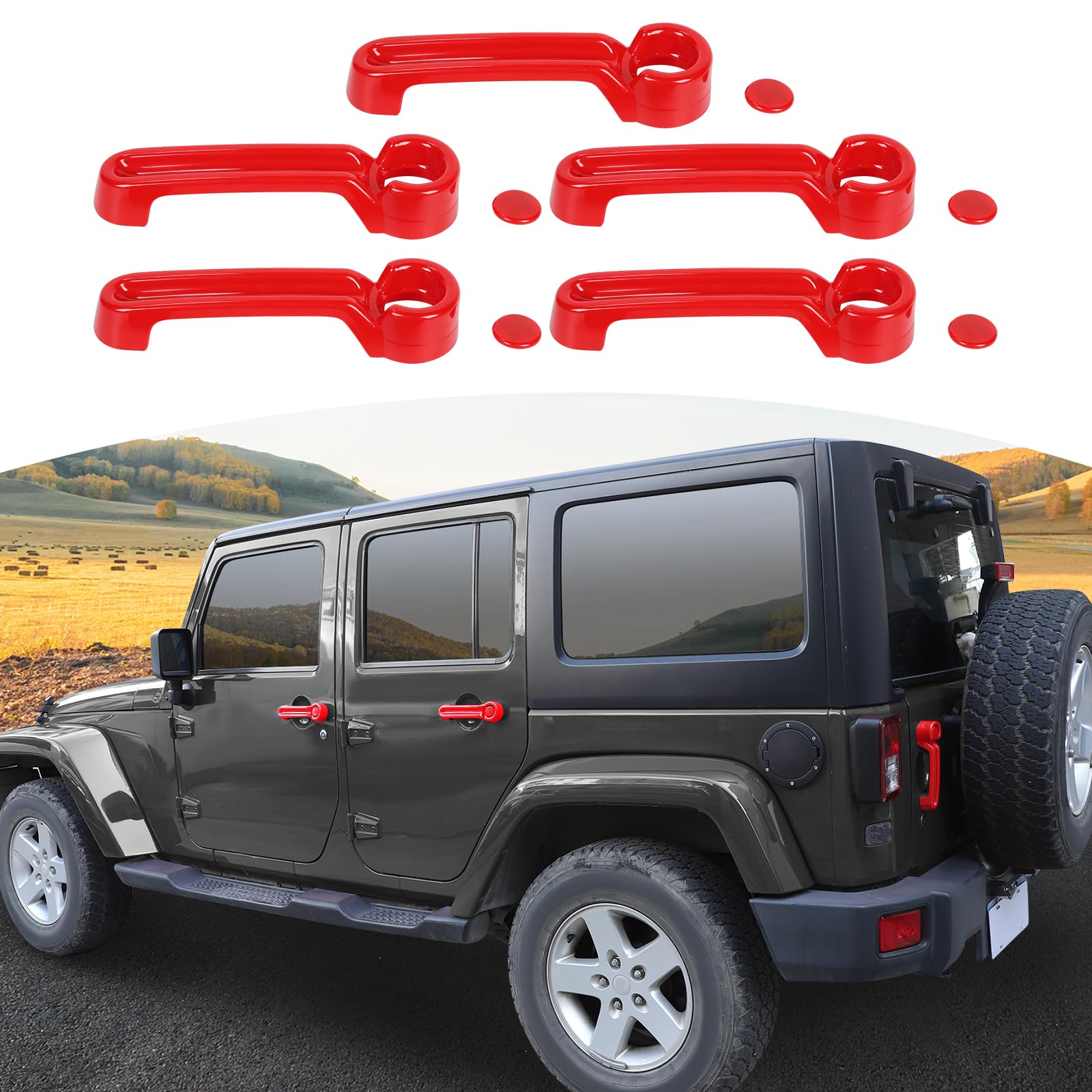 Photo 1 of JOSHELA for Jeep JK Door Handle Cover Trim Red for Jeep Wrangler JK 4DR 2007-2017 Red Exterior Accessories 5pcs