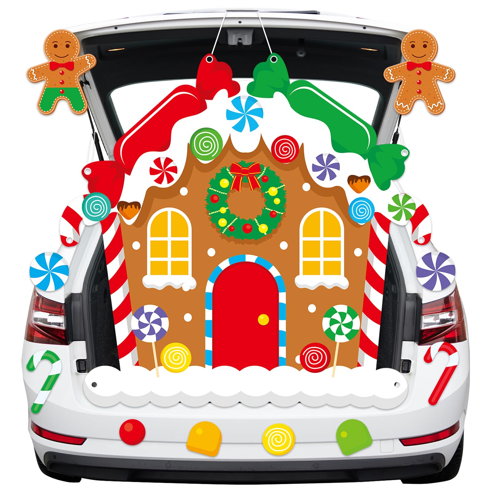 Photo 1 of 11PCS Halloween Trunk or Treat Car Decorations Kit with Winter Christmas Holiday Gingerbread House Backdrop Peppermint Candy Cutouts for SUV Car Archway Garage Door Photo Booth Xmas Party Supplies