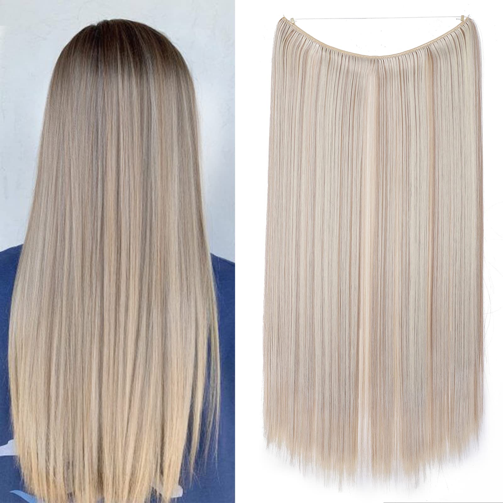 Secret Headband Wire in Natural Hair Extensions Rubber Band Straight Curly Wavy Hairpieces Brown Blonde Ombre for Women 20" Straight - Sandy Blonde & Bleach Blonde