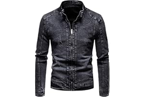 Men's Stand Collar Distressed Jean Jacket Slim Fit Zipper Moto Trucker Coat Fashion Trendy Cowboy Jackets