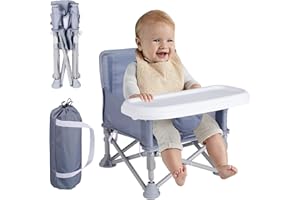 Furmubei Portable Baby Booster Seat with Tray, Toddler Booster seat for Dining, Camping, Travel, Baby Beach Chair 6 Months to 3 Years Old Indoor Outdoor Use Grey