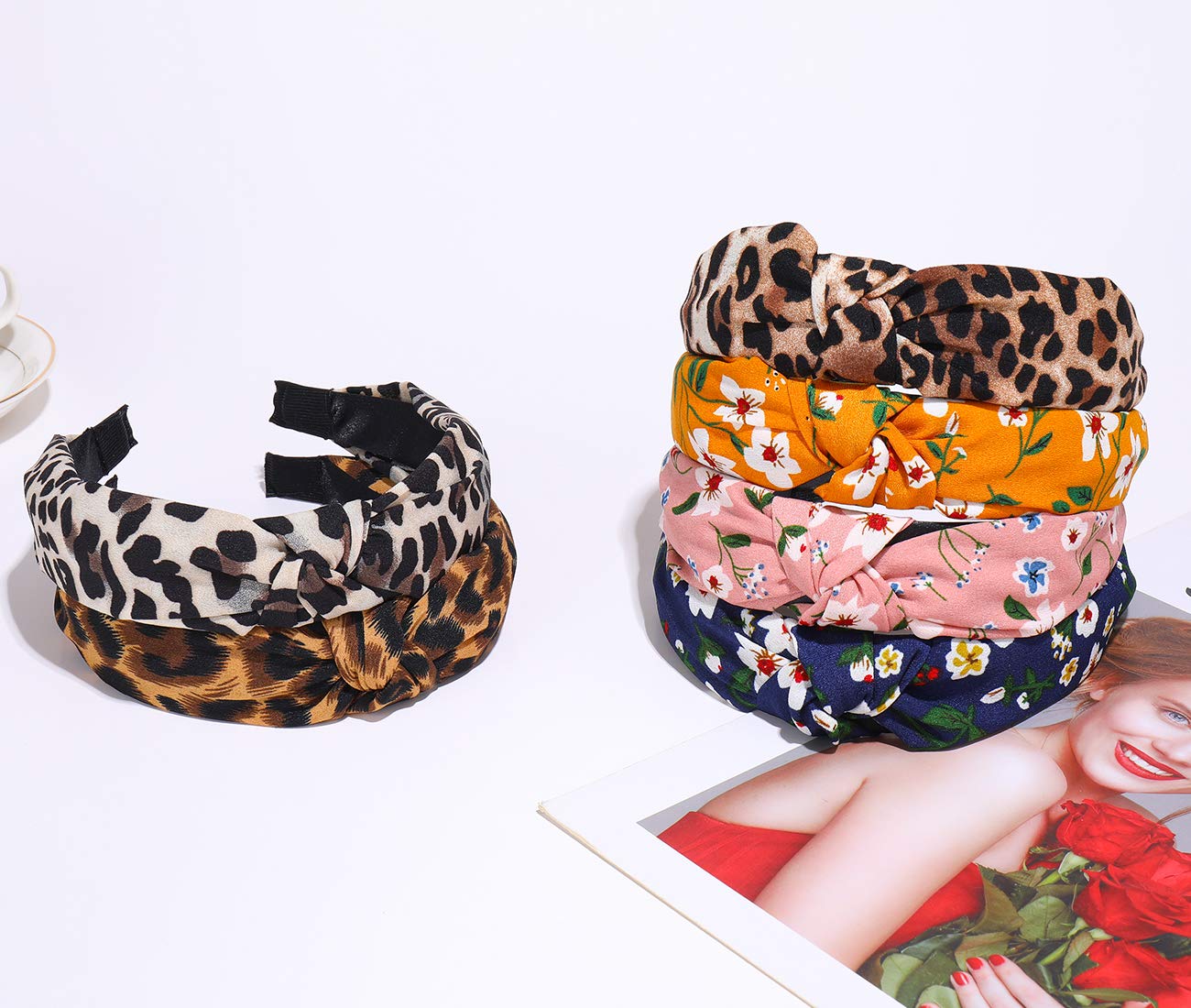 Headbands for Women and Girls Elastic Turban Knotted Design Hair Band 6 Pack Set Leopard Print and Other Different Styles Fashion Headbands : Beauty