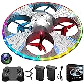 Round Foam RC UFO Drone with Camera, Multi-Color LED Lights (Color Switching), 360° Flips, Speed Adjustment, Remote Control Plane Helicopter, One-Key Takeoff/Landing, Beginner-Friendly FPV Quadcopter Airplane (Silvery)