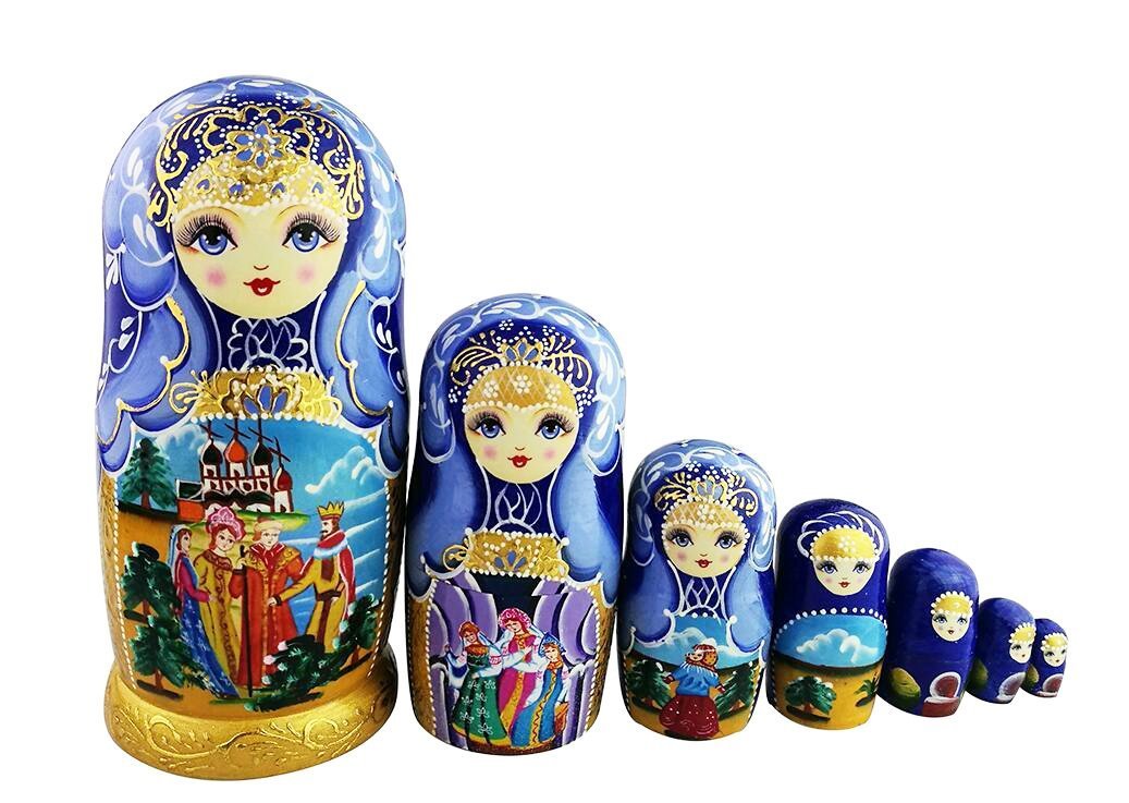 Winterworm Set 7 Pcs Fairy Tale Blue Gold Glazed Toddler Doll Wooden Stacking Toy Traditional Russian Nesting Dolls Handmade Matryoshka Doll Kids Toy Souvenir