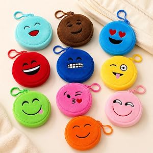 10pcs Random Color Cartoon Coin Purse Set, Plush Coin Purses with Cute Expressions for Women, Small Zippered Wallet with Keyc