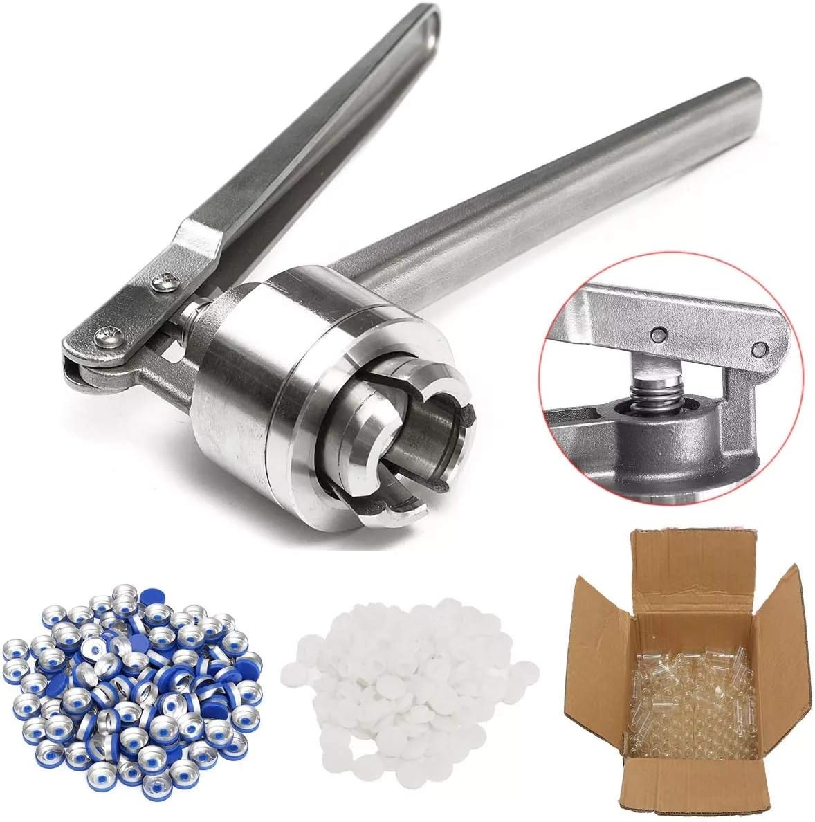 20MM Manual Crimper Hand Seal Ring Machine Tool with 100 Vials and Stoppers and Caps Pliers