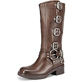DREAM PAIRS Women's Knee High Riding Boots Side Zipper Motorcycle Boots Square Toe Chunky Heel Fashion Buckles Biker Boots